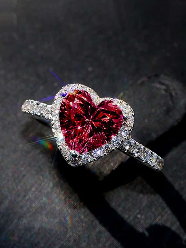 Romantic Red Heart Cubic Zirconia Ring For Women