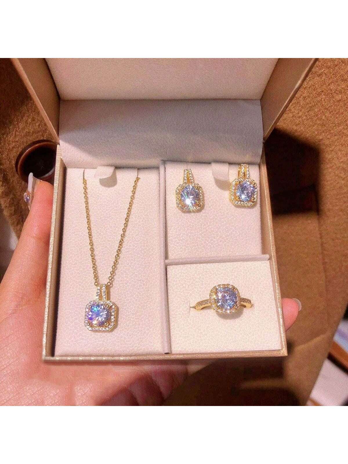 Square Cubic Zirconia Pendant Jewelry Set With 1 Necklace, 1 Pair Of Earrings, 1 Ring