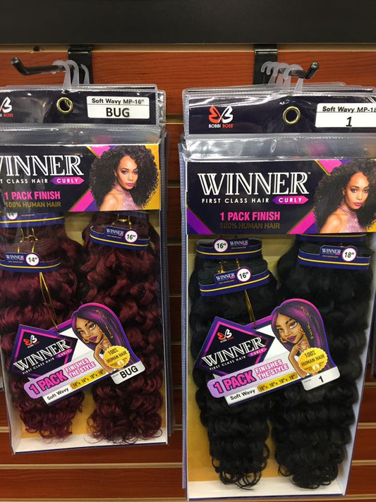 BOBBI BOSS WINNER FIRST CLASS HAIR CURLY 4 PCS SOFT WAVY 10''+10''+12''+12''  COLOR #1 100% HUMAN HAIR