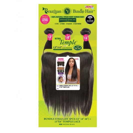 JANET BRAZILIAN BUNDLE HAIR 100% NATURAL 12' 14' 16' + 13X4 TEMPLE LACE NATURAL BLACK